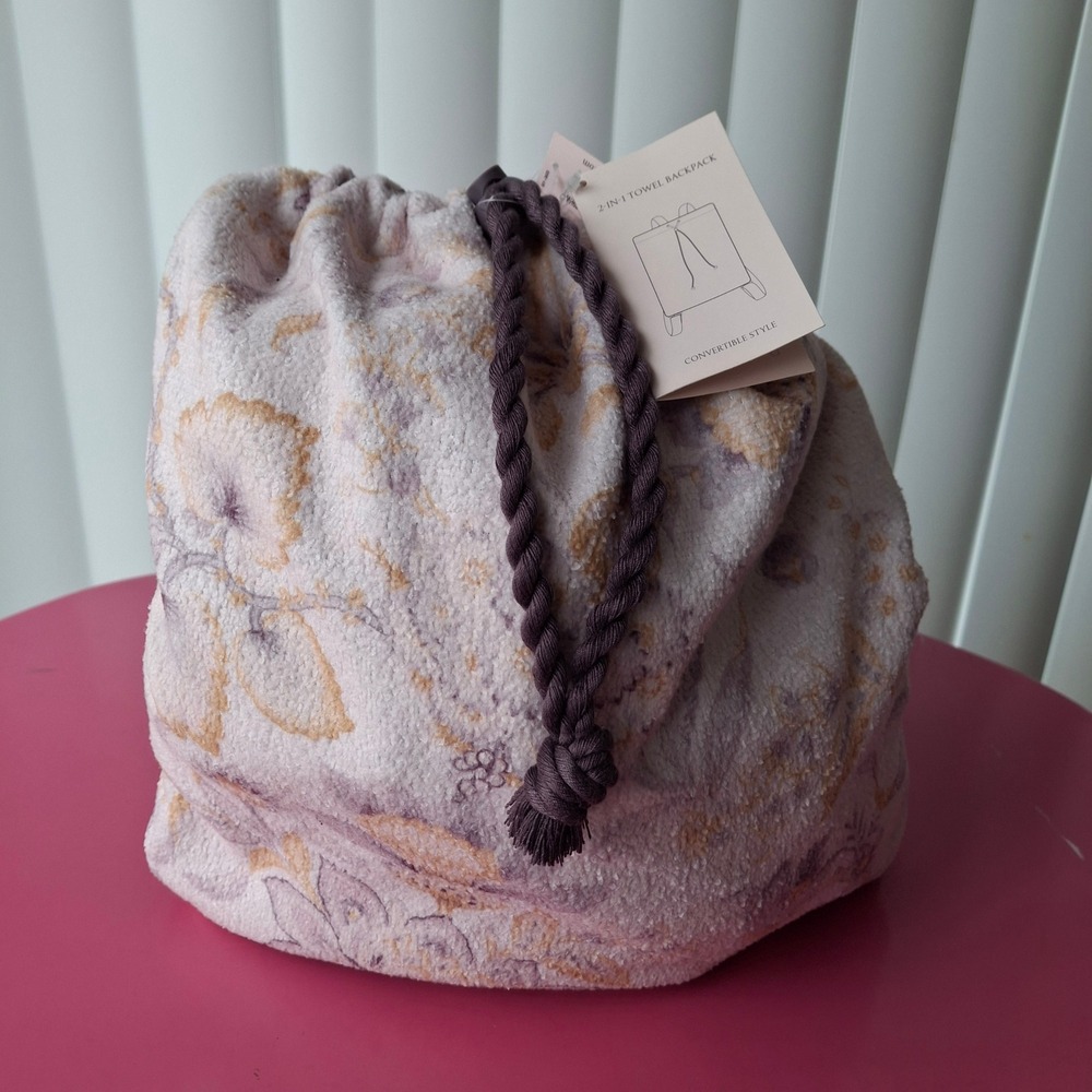 Victoria's Secret 2-in-1 Towel Backpack Purple Floral Striped Drom Resort NWT